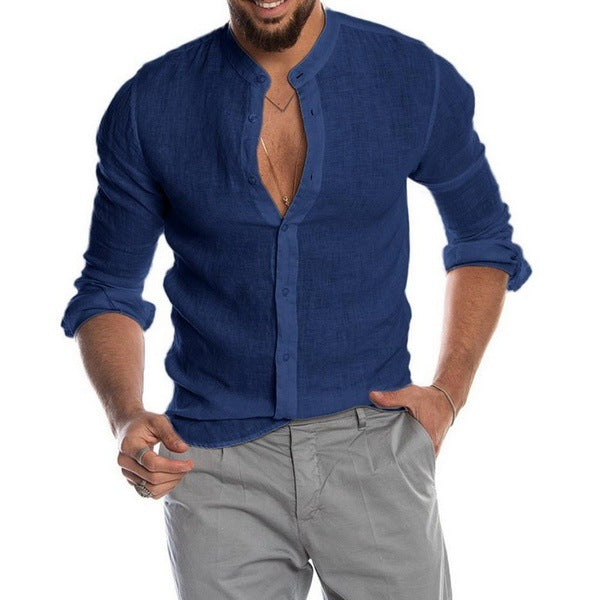 Solid Linen-Blend Button-Front Shirt with Stand Collar
