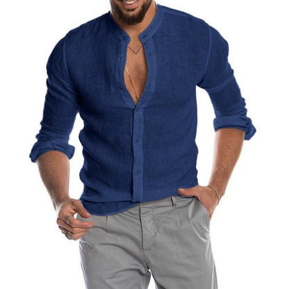 Solid Linen-Blend Button-Front Shirt with Stand Collar