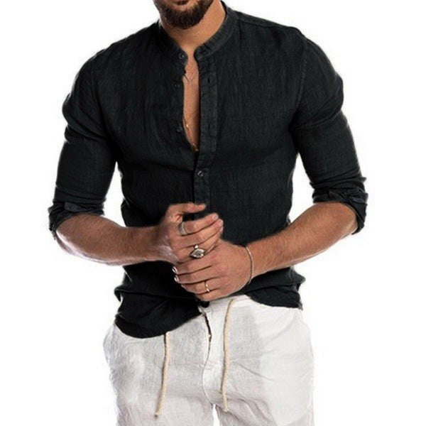 Solid Linen-Blend Button-Front Shirt with Stand Collar