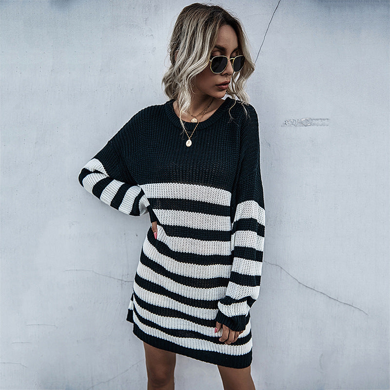 Striped Knit Sweater Dress with Crewneck and Long Sleeves