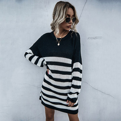 Striped Knit Sweater Dress with Crewneck and Long Sleeves
