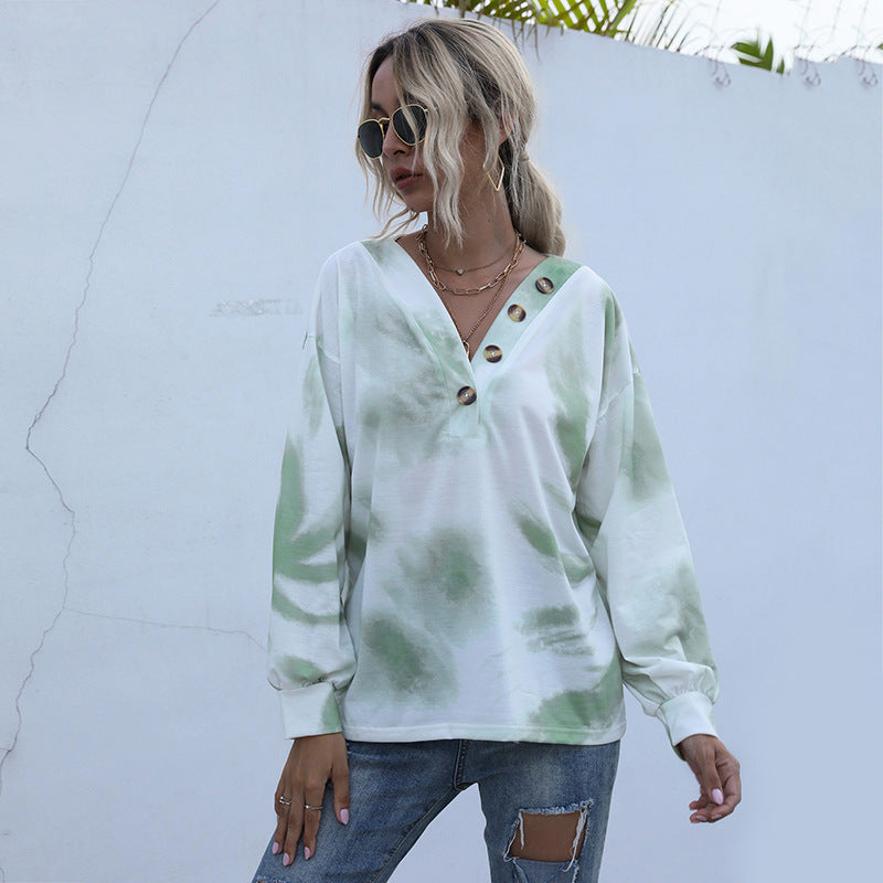 Tie-Dye Long-Sleeve Pullover with V-Neck and Button Detail