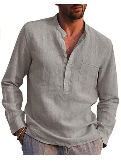 Solid Linen Henley Shirt with Long Sleeves