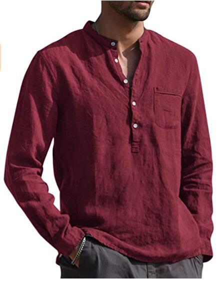 Solid Linen Henley Shirt with Long Sleeves
