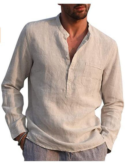 Solid Linen Henley Shirt with Long Sleeves