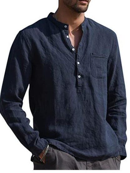 Solid Linen Henley Shirt with Long Sleeves