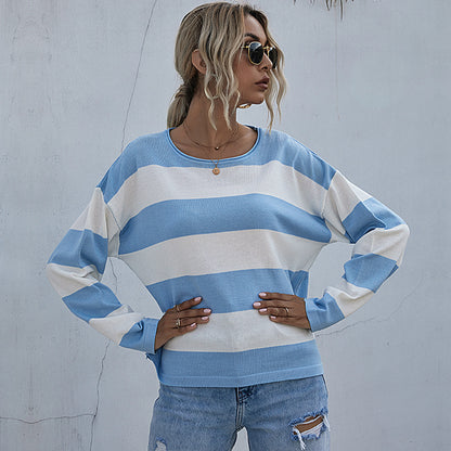 Loose Striped Knit Pullover with Crewneck and Long Sleeves