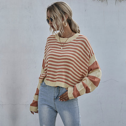 Striped Sweater with Cropped Length and Batwing Sleeves