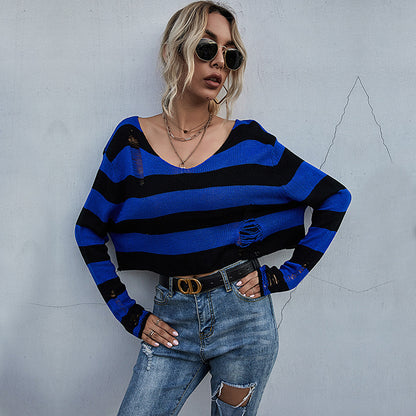 Striped Cropped V-Neck Knit Sweater with Distressed Detail