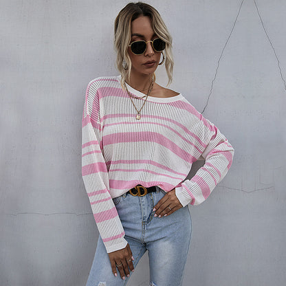Striped Crewneck Knit Sweater with Long Sleeves
