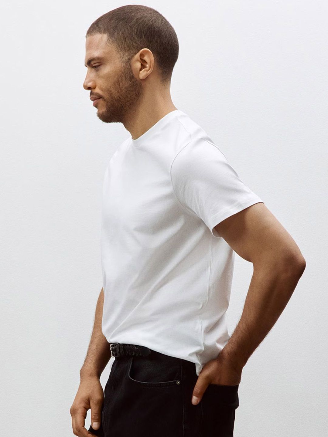 HM Men White Solid Cotton Pure Cotton T-shirt Regular Fit