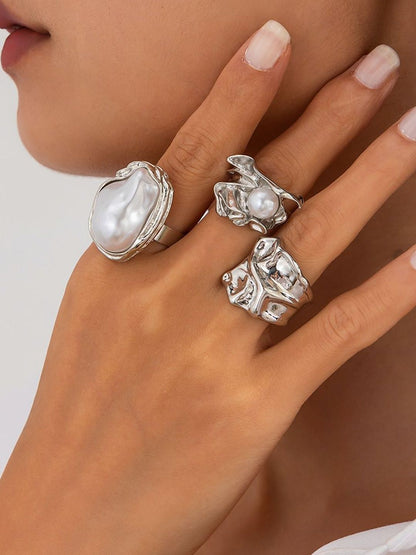 Set of 3 Silver-Plated Pearl-Studded Finger Ring