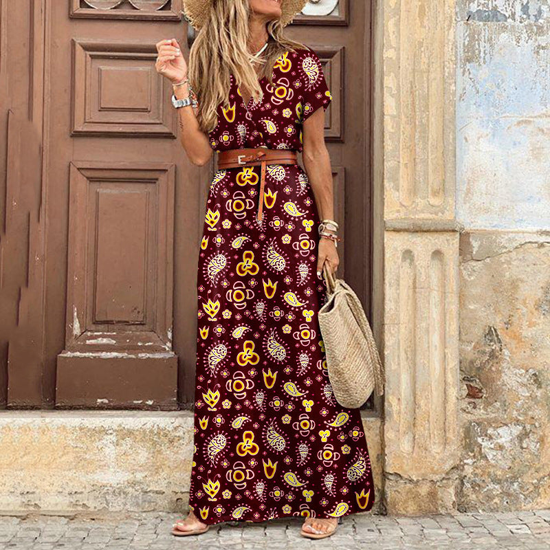 Floral Print Maxi Dress with V-Neck and Belt
