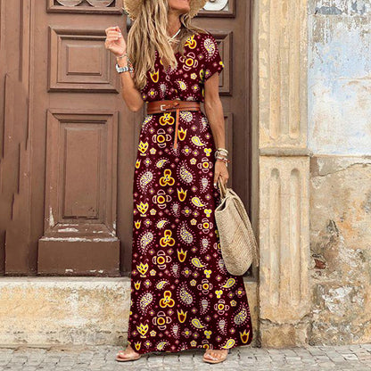 Bohemian Print Maxi Dress with V-Neck and Side Slit