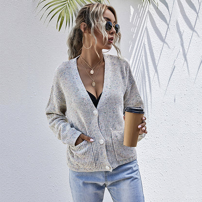 Loose V-Neck Knit Cardigan with Button Front and Patch Pockets