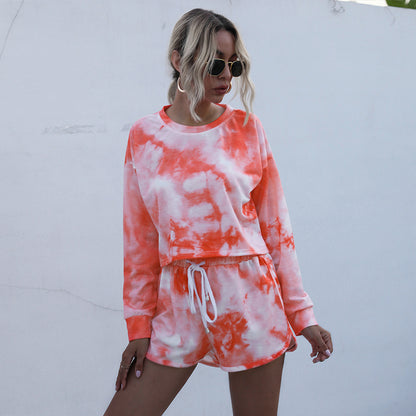 Tie-Dye Two-Piece Set with Long Sleeve Top and Dolphin Shorts