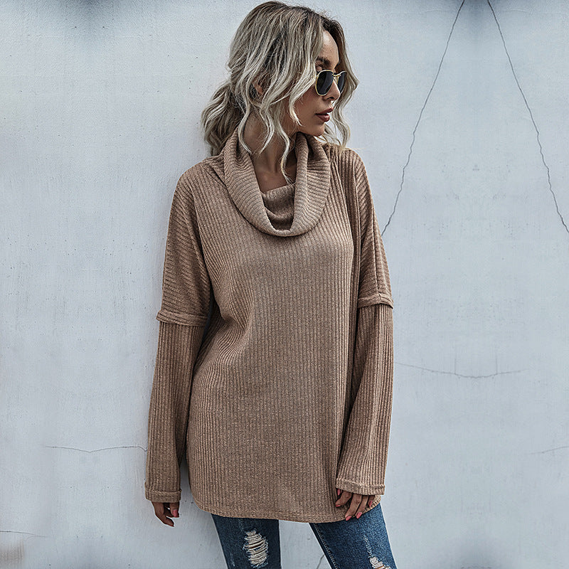 Oversized Tunic Sweater with Cowl Neck and Ribbed Knit