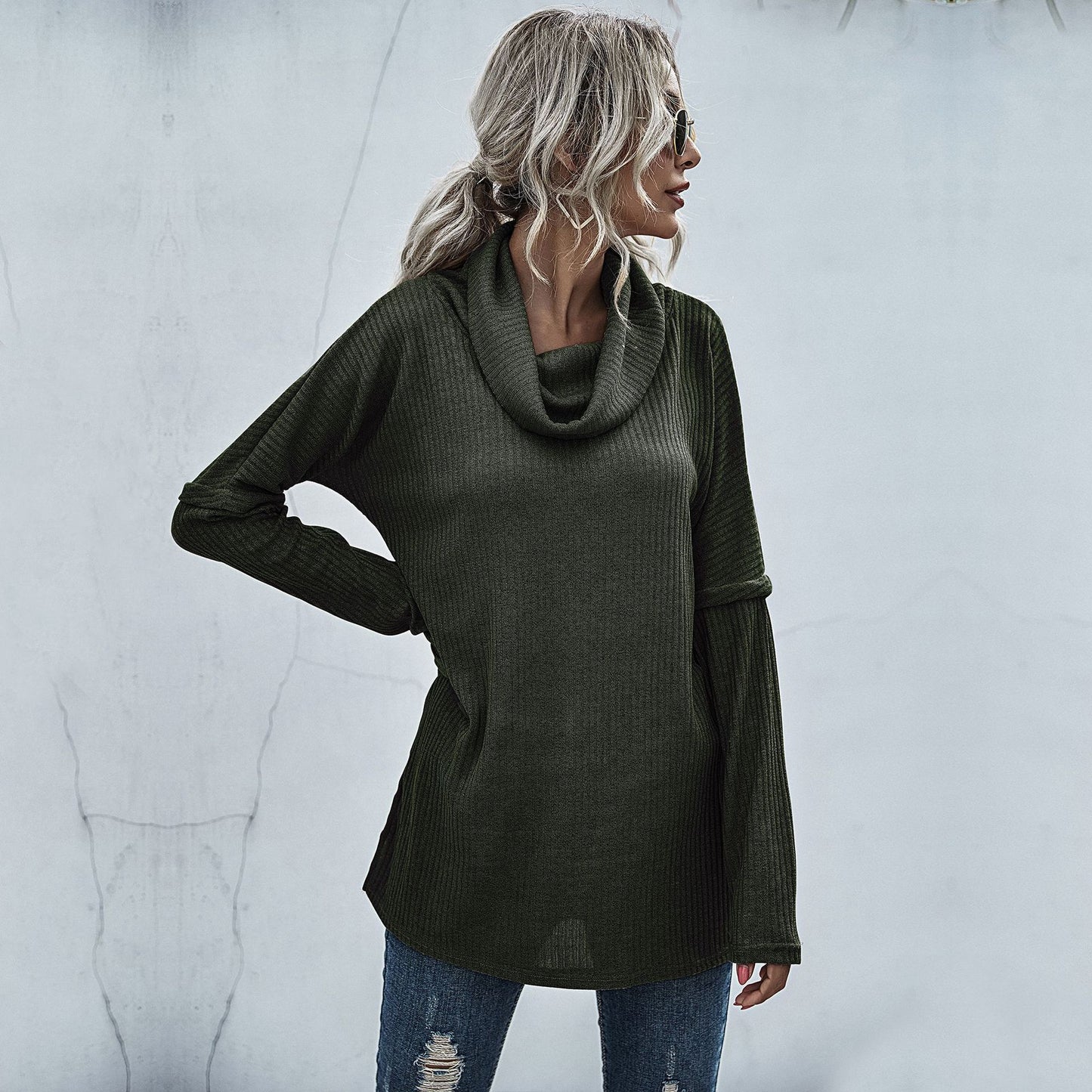 Oversized Tunic Sweater with Cowl Neck and Ribbed Knit