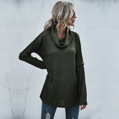 Oversized Tunic Sweater with Cowl Neck and Ribbed Knit