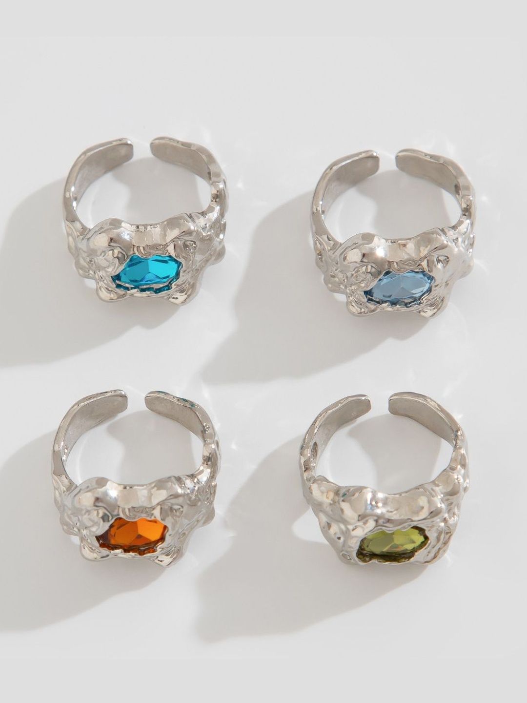 Men Set Of 4 Silver-Plated Stone-Studded Finger Ring