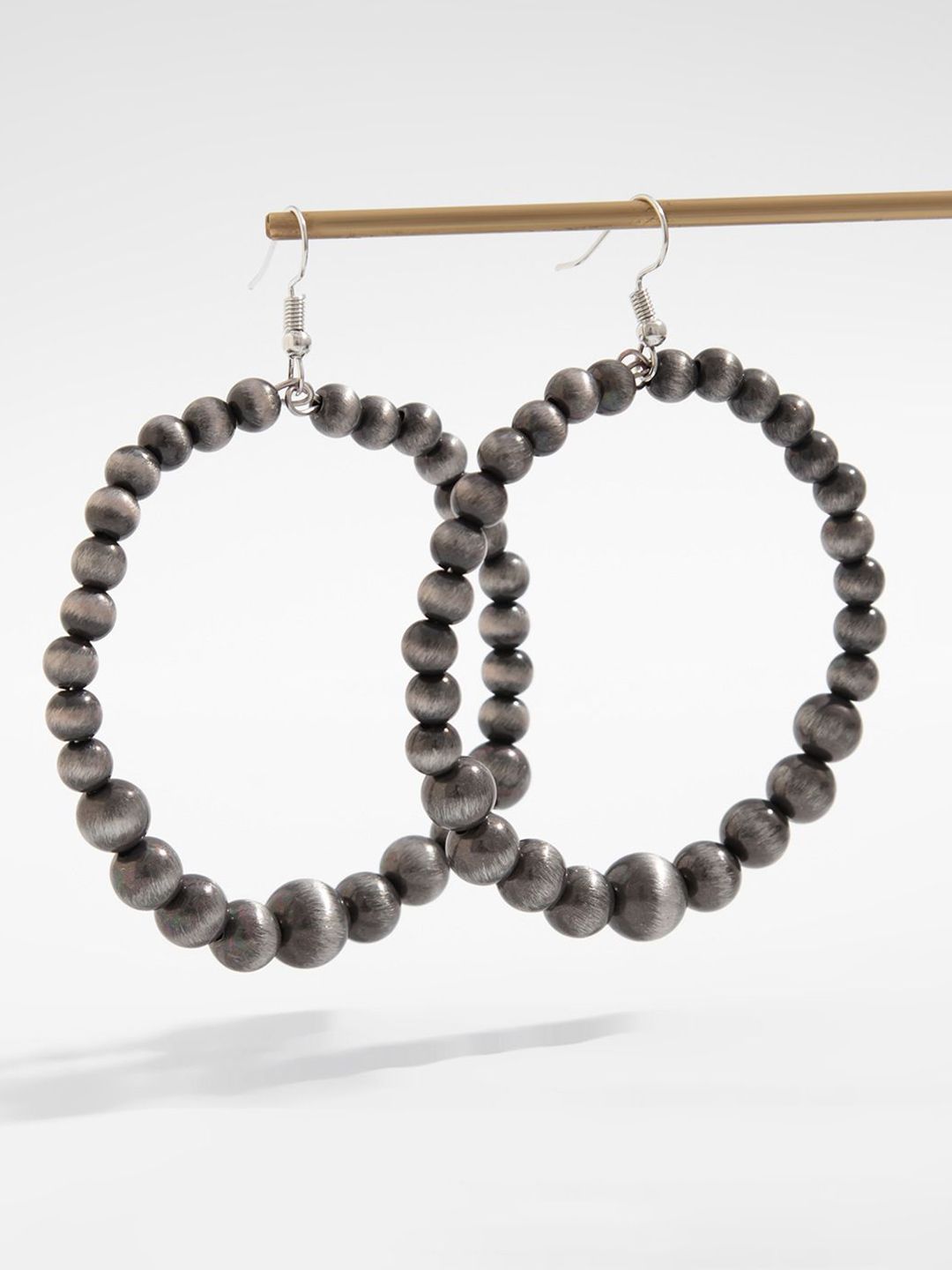 Silver-Plated Beaded Oxidised Circular Shaped Half Hoop Earrings