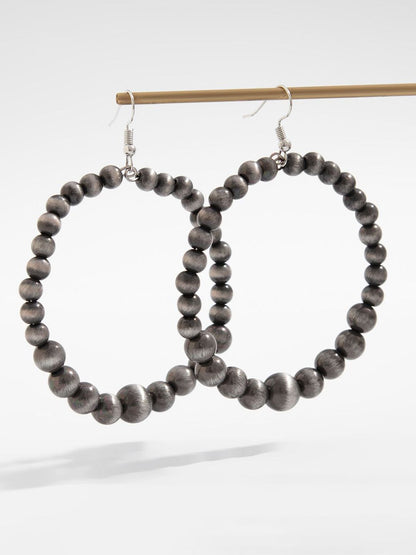 Silver-Plated Beaded Oxidised Circular Shaped Half Hoop Earrings