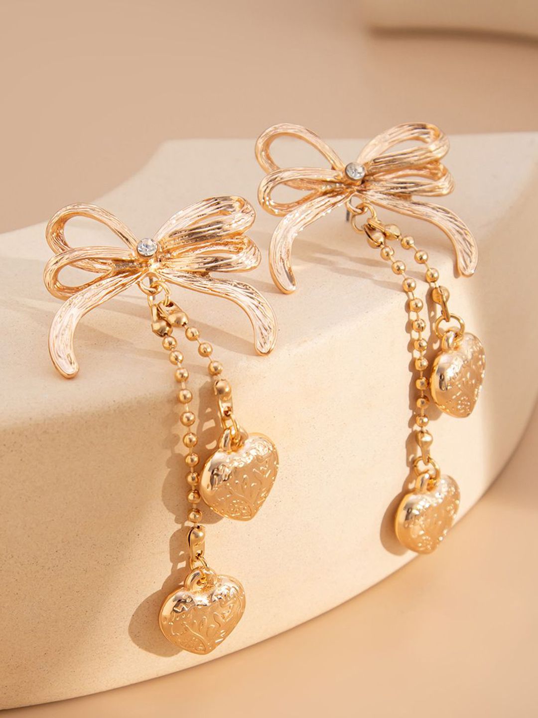 Gold-Plated Artificial Stones Studded & Beaded Heart Drop Earrings