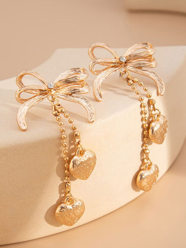 Gold-Plated Artificial Stones Studded & Beaded Heart Drop Earrings