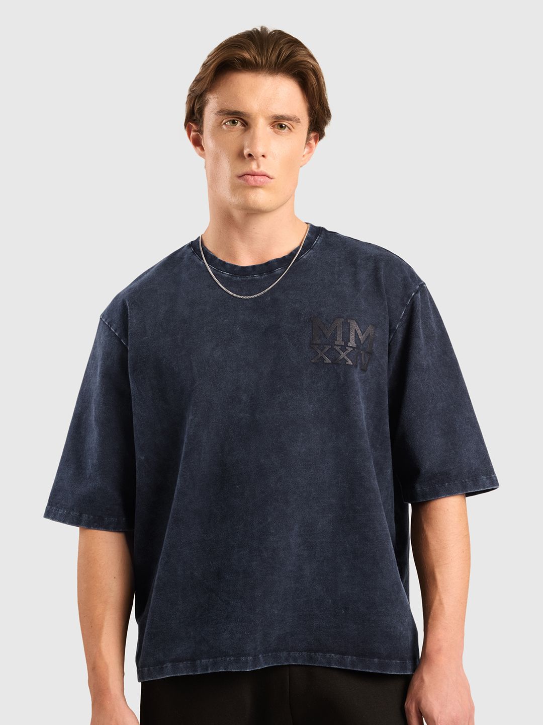 Men Typography Printed Acid Wash Oversized Cotton T-shirt