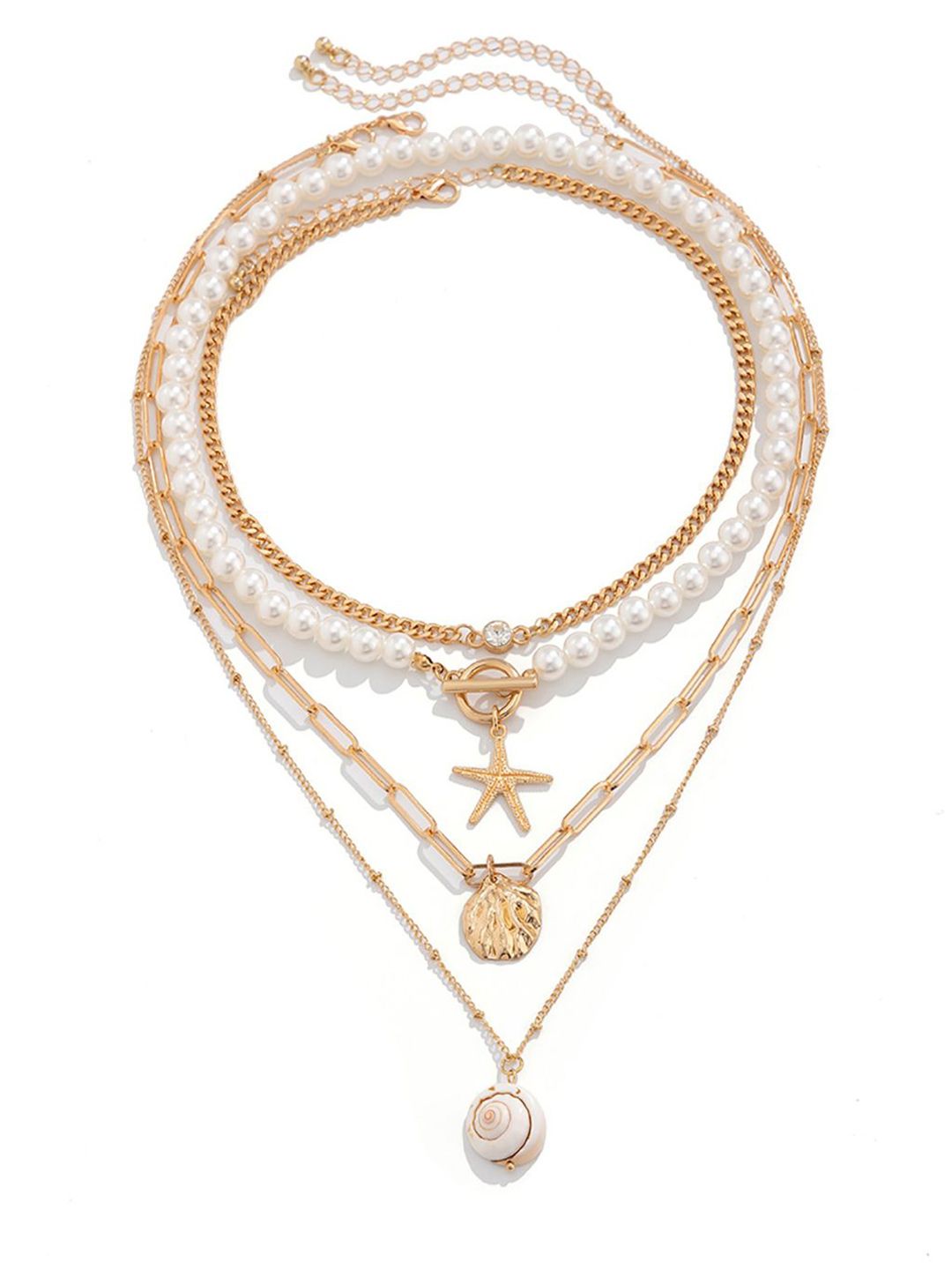 White Gold-Plated Pearls Studded Layered Chain