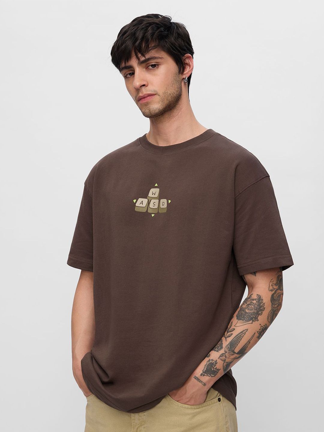 Men Oversized Fit Printed Brown T-Shirts