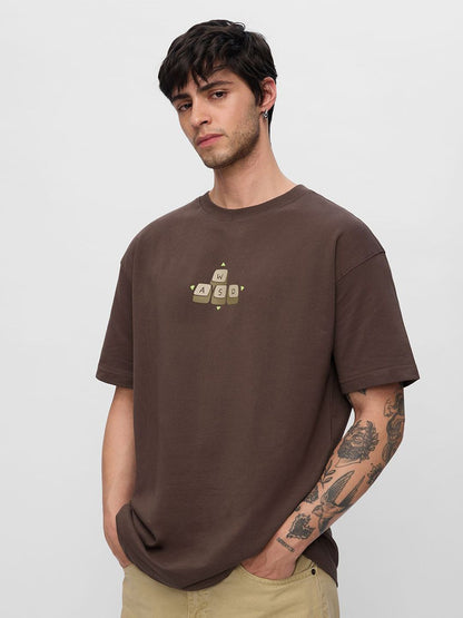 Men Oversized Fit Printed Brown T-Shirts