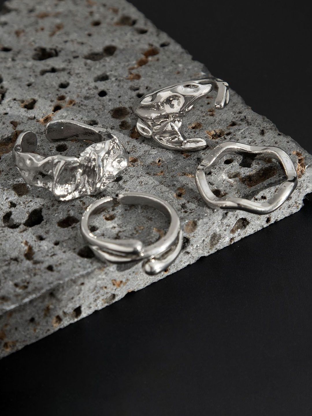 Men Set Of 4 Sliver-Plated Adjustable Finger Rings