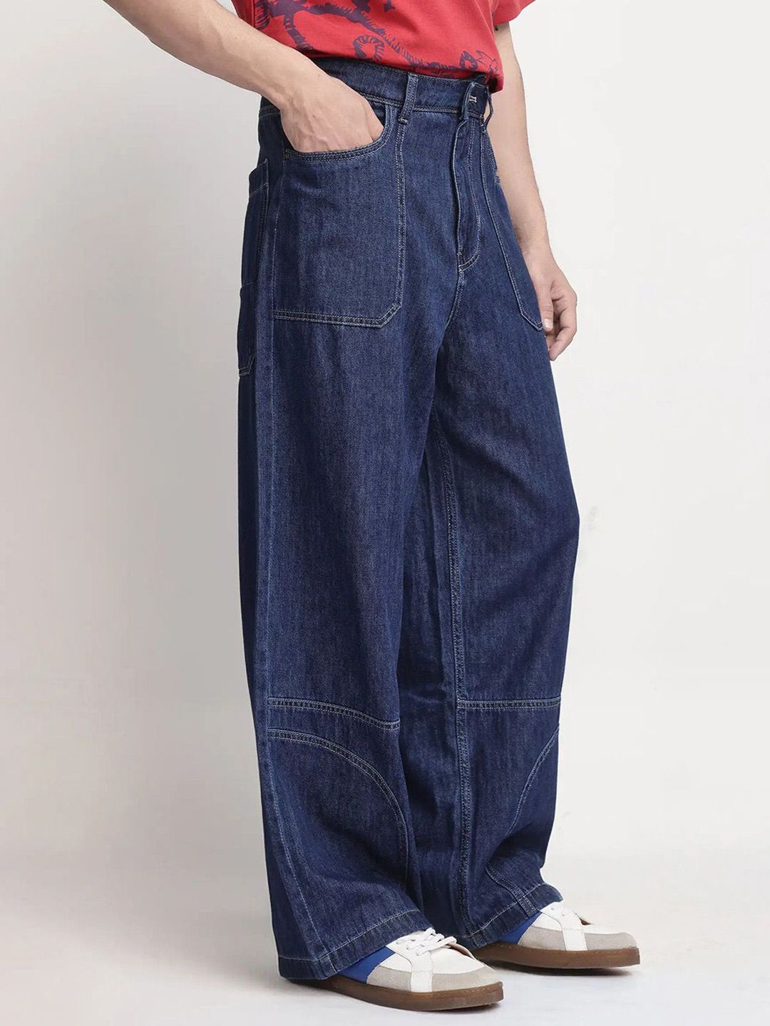 Mens Blue Plain Baggy Fit Mid Rise Casual Jeans
