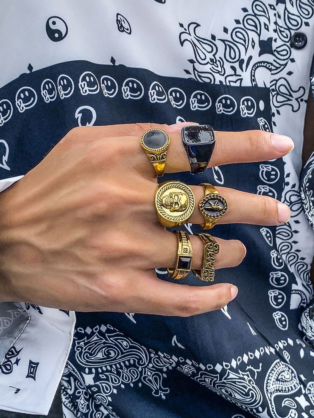 Men Pack Of 6 Gold-Plated Stone Studded Finger Rings