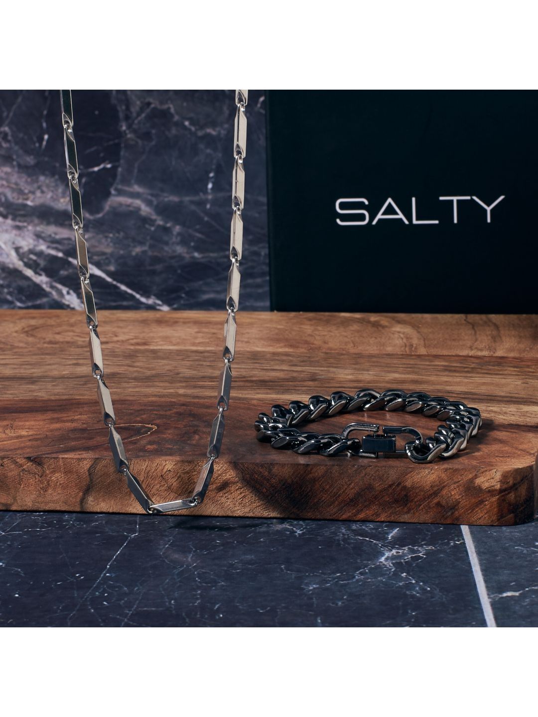 SALTY Figaro Italian Style Chain & Hades Classic Thick Bracelet Combo Jewellery Set