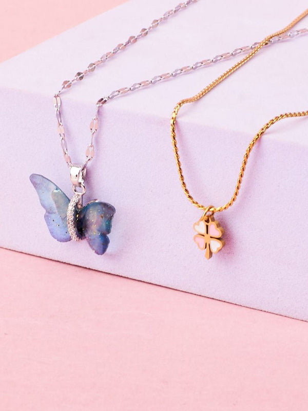 SALTY Set Of 2 Butterfly & Clover Pendant Chains