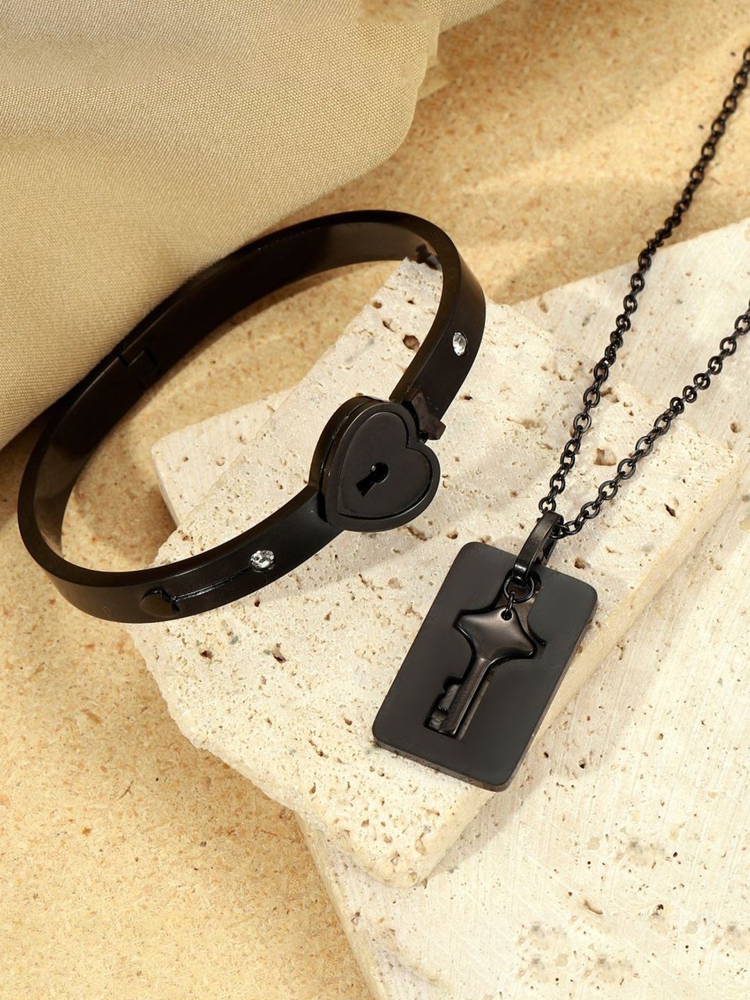SALTY Stainless Steel Black Lock And Key Love Bracelet And Necklace Set For Women & Girls