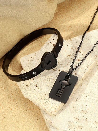SALTY Stainless Steel Black Lock And Key Love Bracelet And Necklace Set For Women & Girls