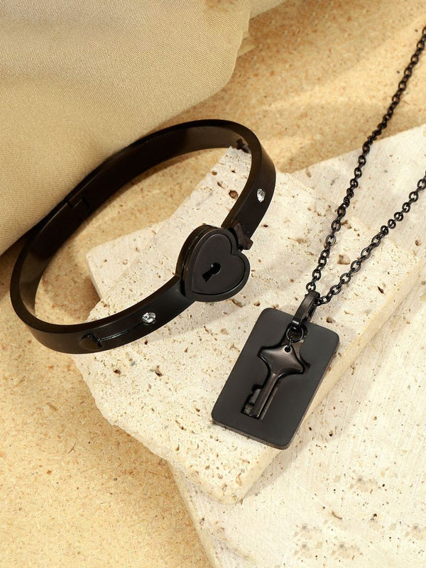 SALTY Stainless Steel Black Lock And Key Love Bracelet And Necklace Set For Women & Girls