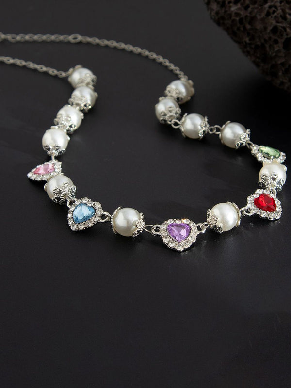 Silver-Plated Artificial Stones Studded And Beaded Necklace