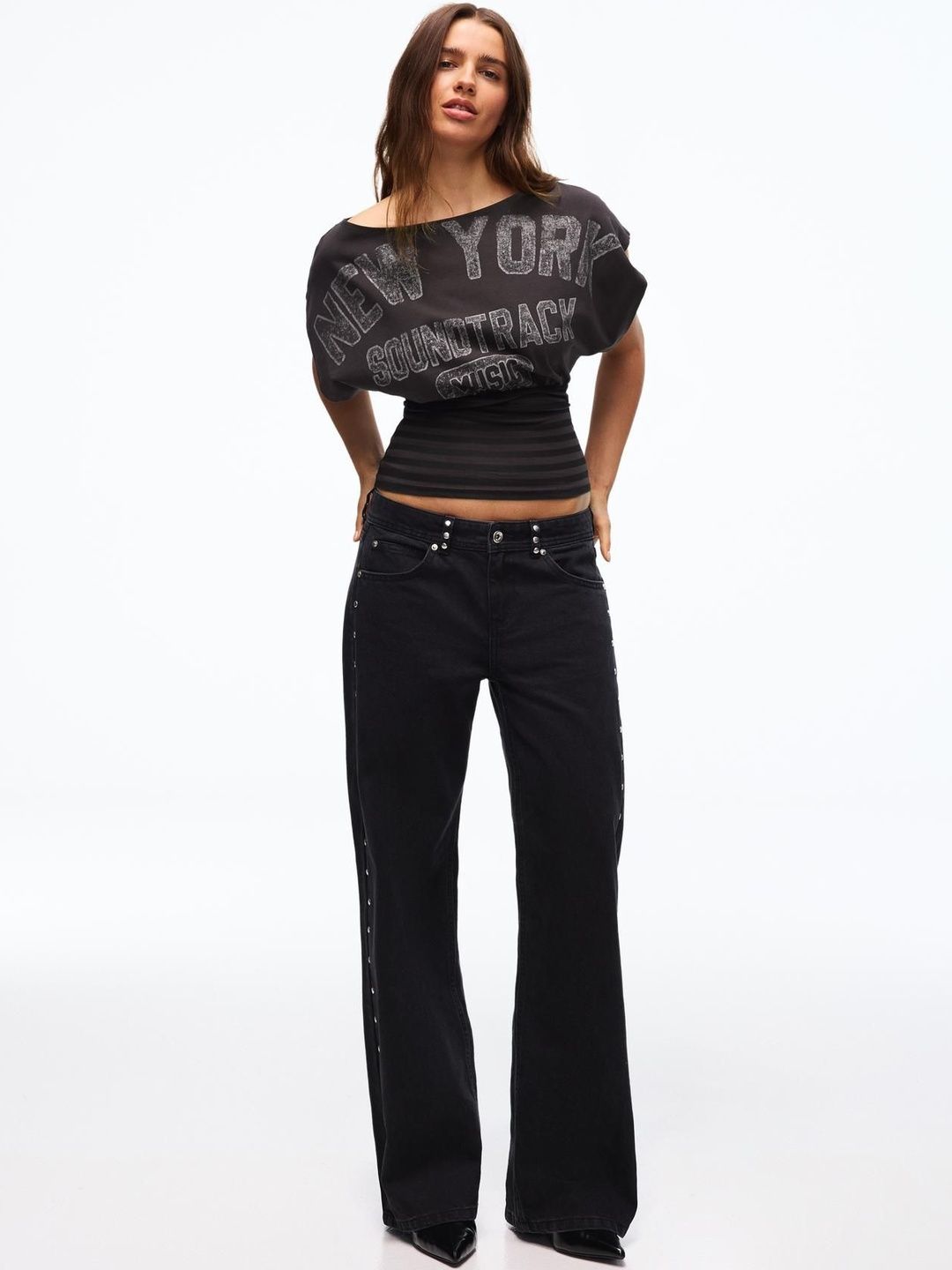 Asymmetric short sleeve print T-shirt with cummerbund