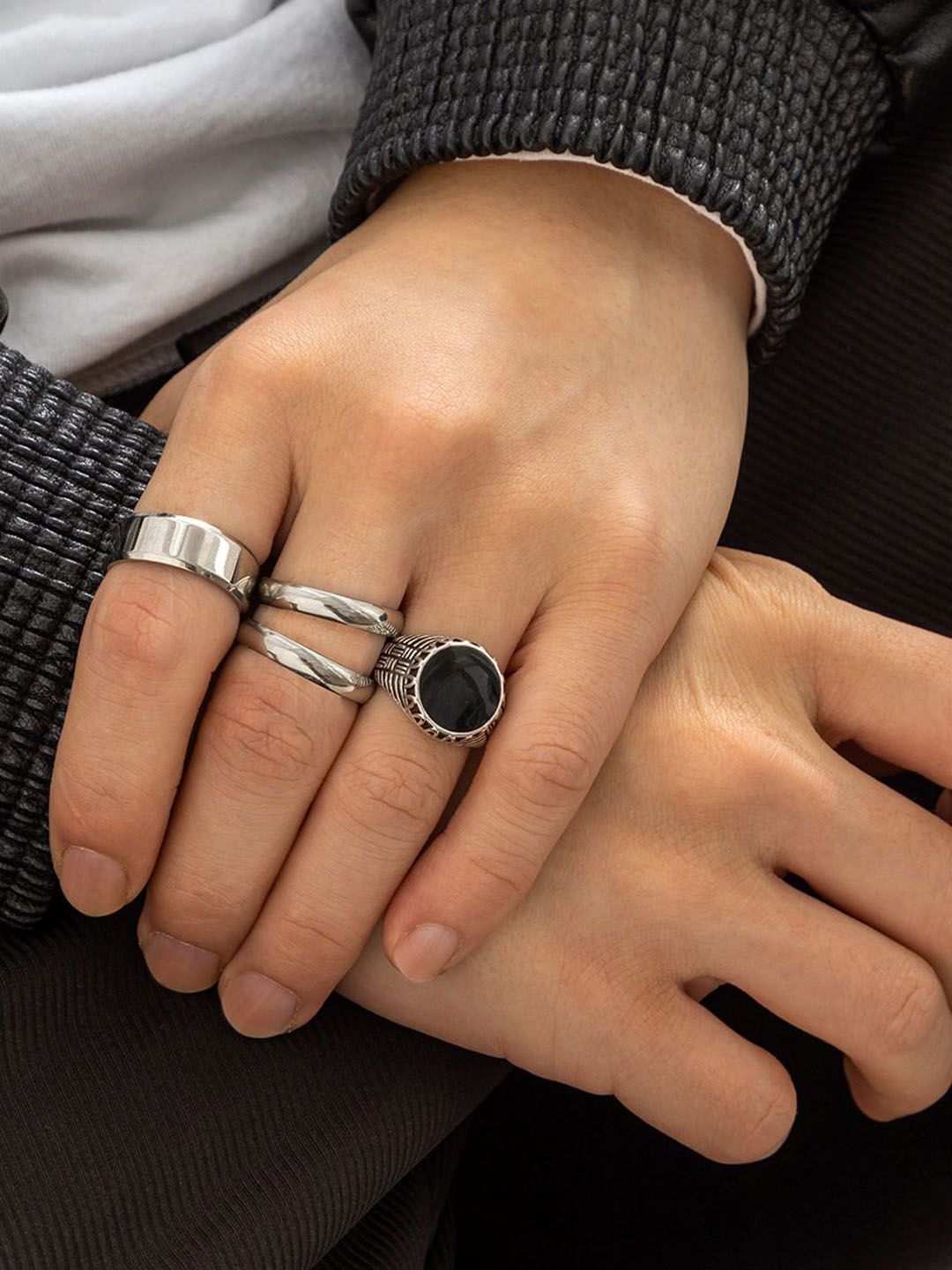 Men Pack of 4 Silver-Plated Stone Studded Finger Rings