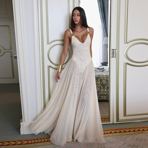 A-Line Maxi Dress with Leopard Print and Sheer Pleated Skirt