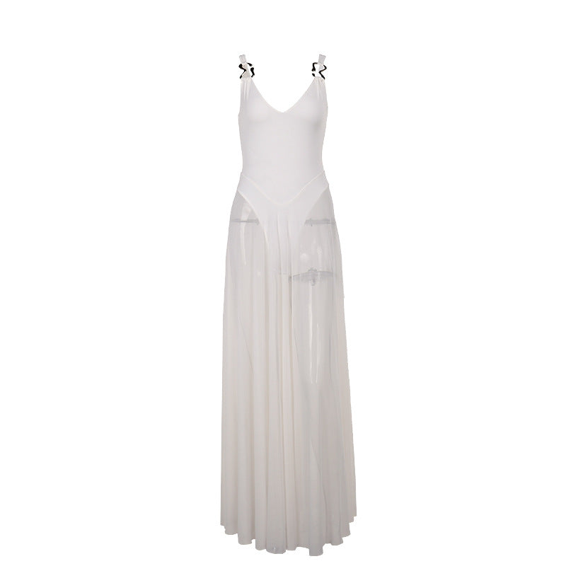 A-Line Maxi Dress with Leopard Print and Sheer Pleated Skirt