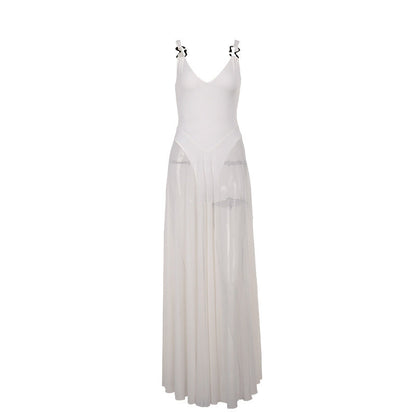 A-Line Maxi Dress with Leopard Print and Sheer Pleated Skirt