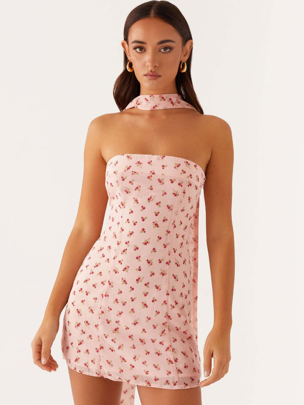 Floral Chiffon A-Line Mini Dress with Choker Neck Tie