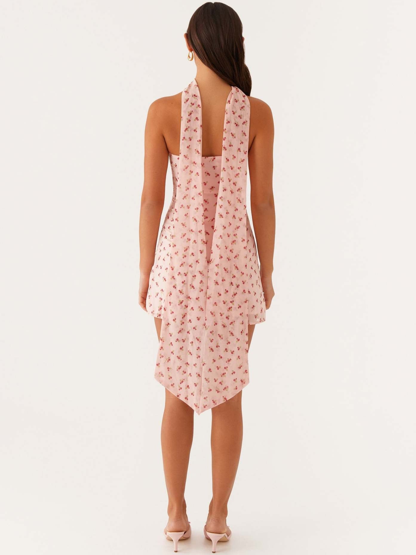 Floral Chiffon A-Line Mini Dress with Choker Neck Tie