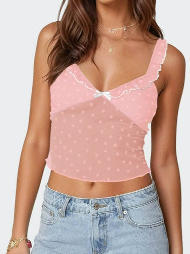 Cropped Heart Mesh Camisole with Lace Trim and Bow Detail