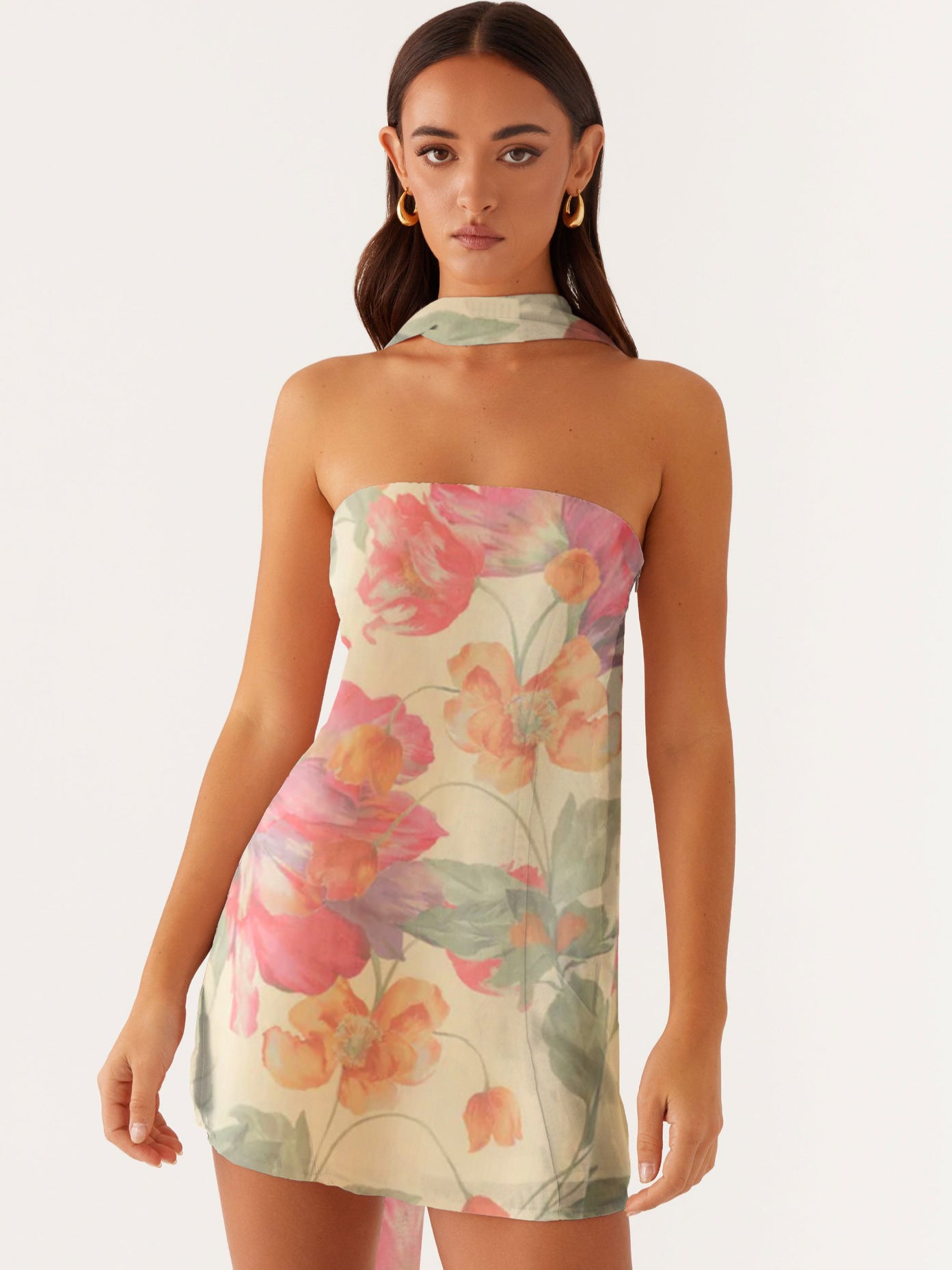 Floral Chiffon A-Line Mini Dress with Choker Neck Tie